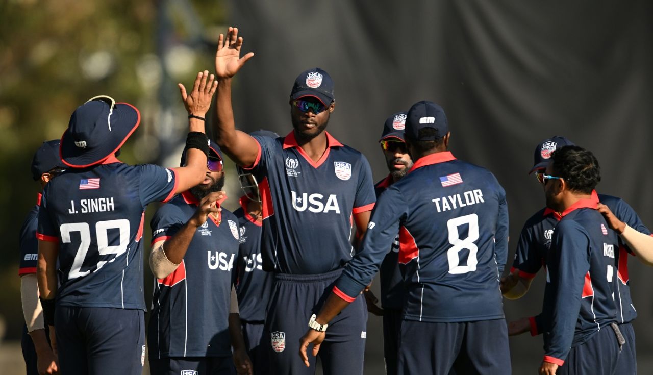 The USA fielders celebrate the fall of Rohit Paudel, Nepal vs USA, ICC World Cup Qualifier, Harare, June 20, 2023
