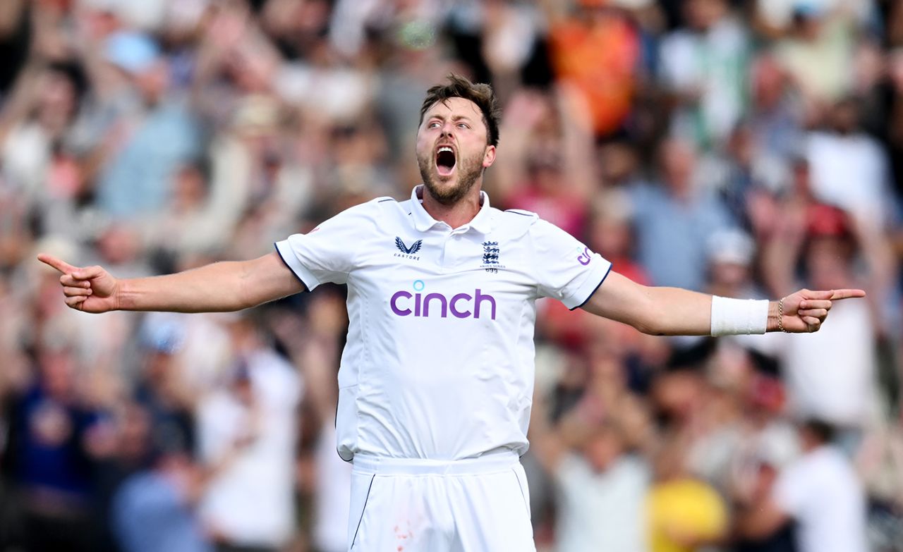 Ollie Robinson roars at the fall of Cameron Green's wicket, England vs Australia, 1st Ashes Test, Edgbaston, 5th day, June 20, 2023