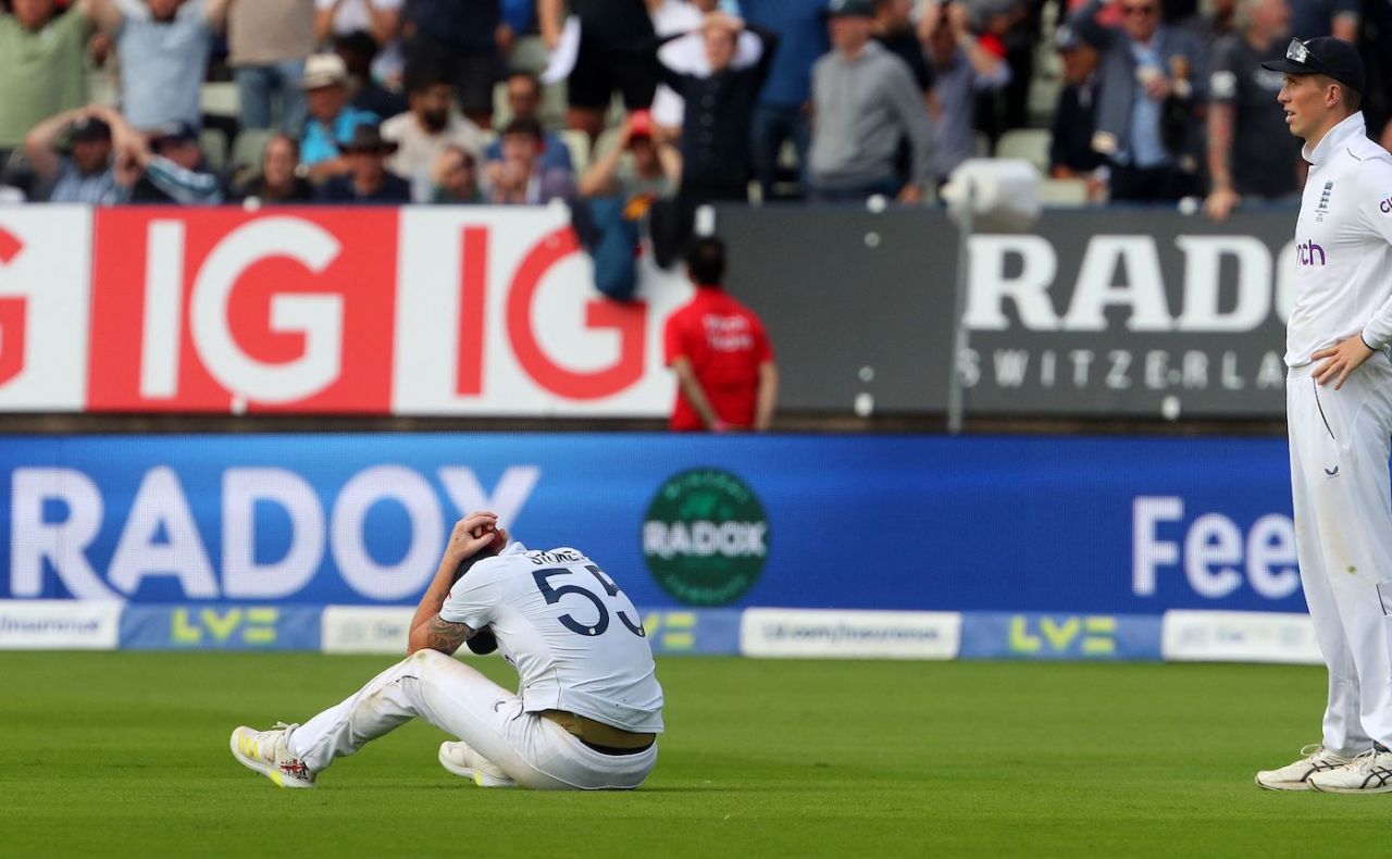 Ben Stokes and Zak Crawley react after the former dropped a tough chance, England vs Australia, 1st Ashes Test, Edgbaston, 5th day, June 20, 2023