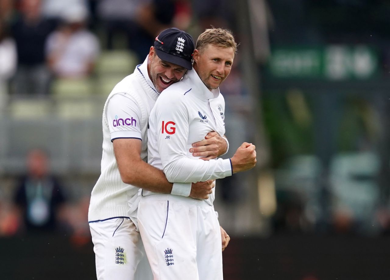James Anderson hugs Joe Root in celebration, England vs Australia, 1st Ashes Test, Edgbaston, 5th day, June 20, 2023