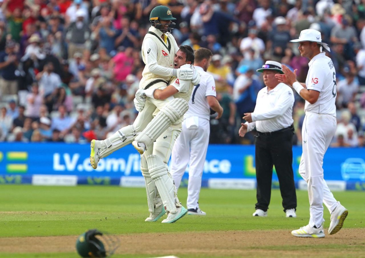 Nathan Lyon climbs on Pat Cummins as Stuart Broad applauds Australia's win, England vs Australia, 1st Ashes Test, Edgbaston, 5th day, June 20, 2023
