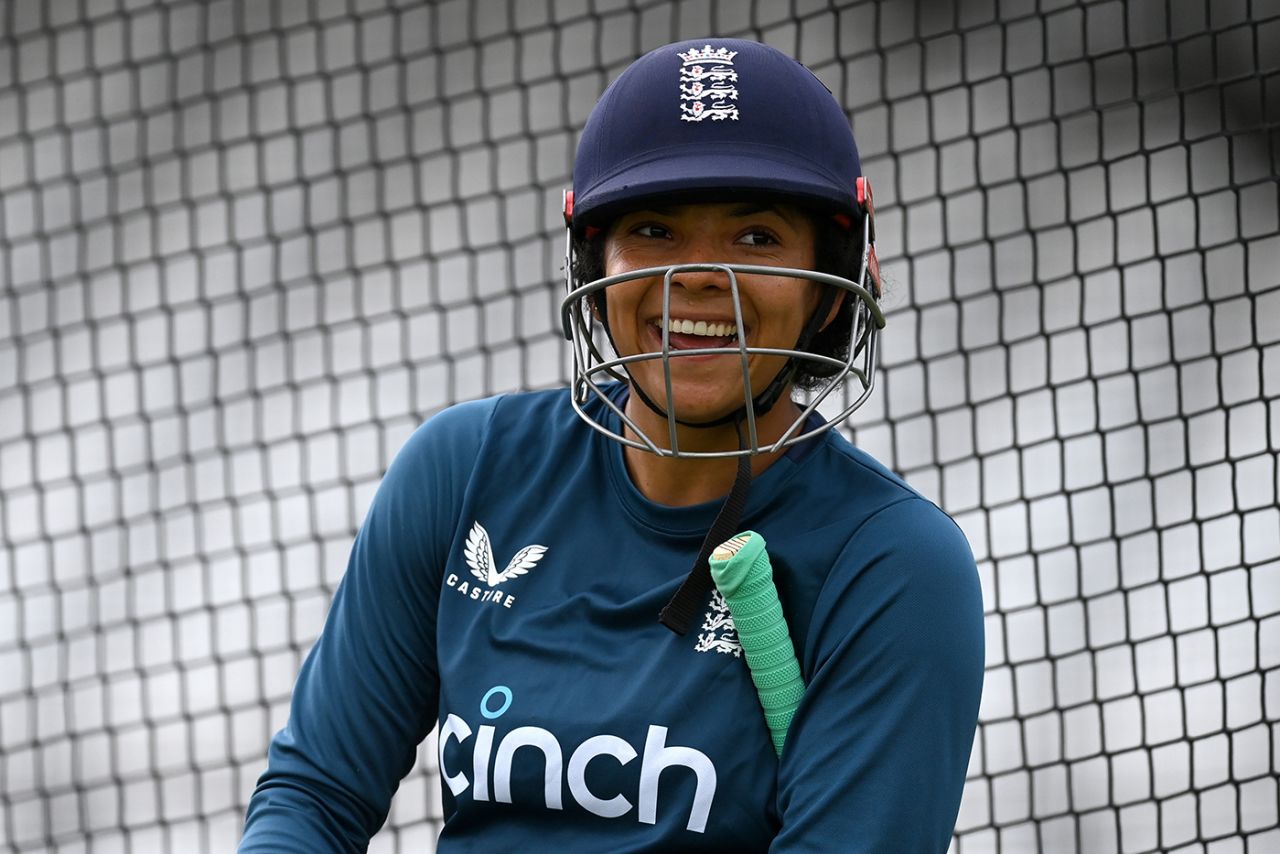 Sophia Dunkley during a nets session ahead of the Women's Ashes Test, Trent Bridge, June 20, 2023