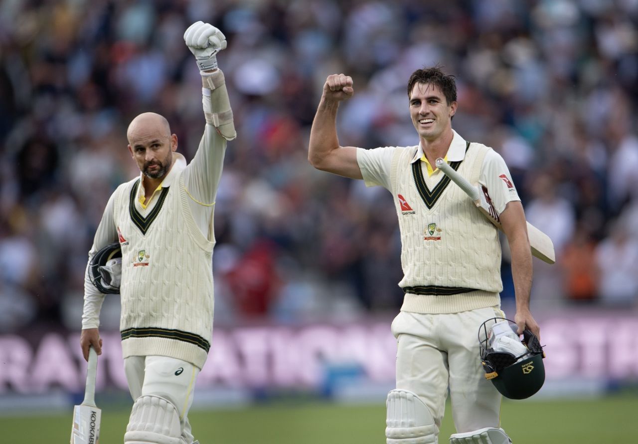 Nathan Lyon and Pat Cummins celebrate Australia's thrilling win, England vs Australia, 1st Ashes Test, Edgbaston, 5th day, June 20, 2023