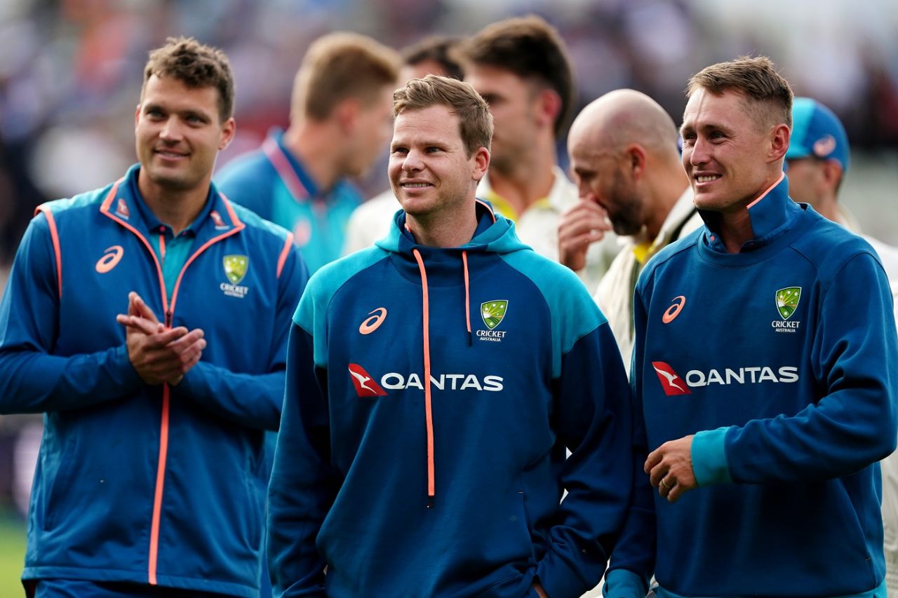 Alex Carey, Steven Smith and Marnus Labuschagne soak in Australia's victory, England vs Australia, 1st Ashes Test, Edgbaston, 5th day, June 20, 2023