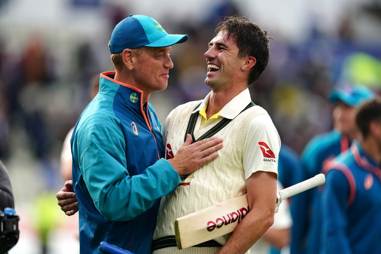Australia captain Pat Cummins is welcomed back by coach Andrew McDonald, England vs Australia, 1st Ashes Test, Edgbaston, 5th day, June 20, 2023