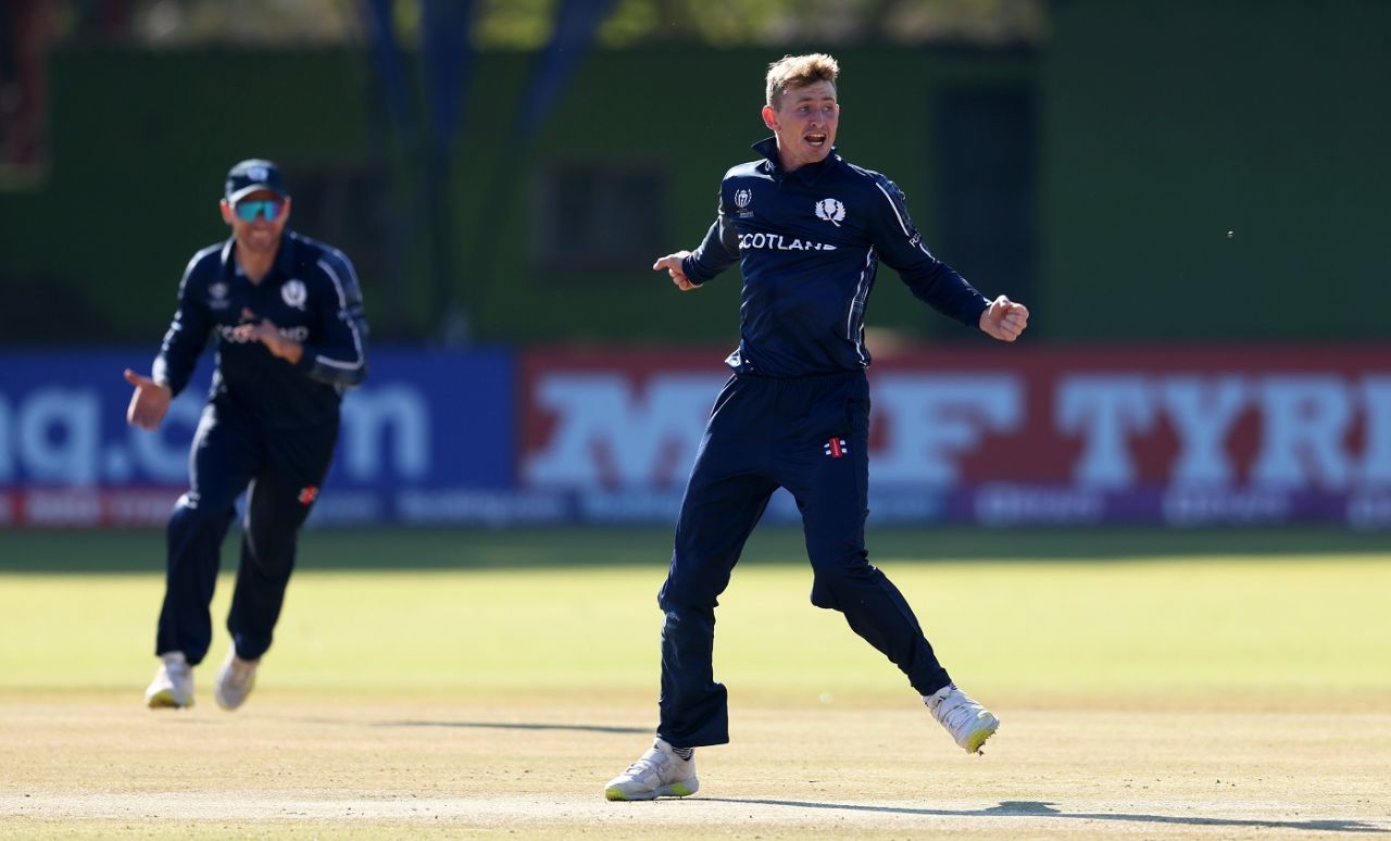 Brandon McMullen's first-over wickets put Scotland on top early, Ireland vs Scotland, Bulawayo, June 21 2023