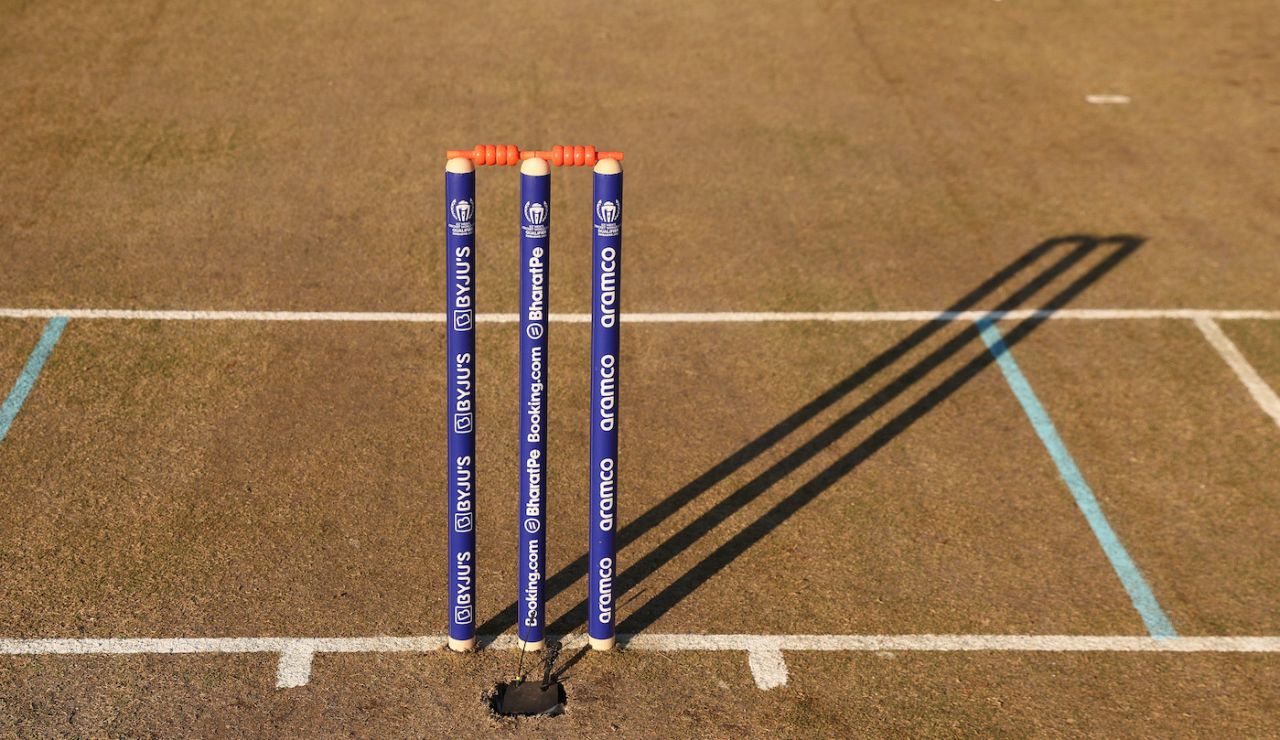 A detailed view of the stumps at the ICC Cricket World Cup Qualifier, Oman vs UAE, ICC Cricket World Cup Qualifier, Bulawayo, June 21, 2023