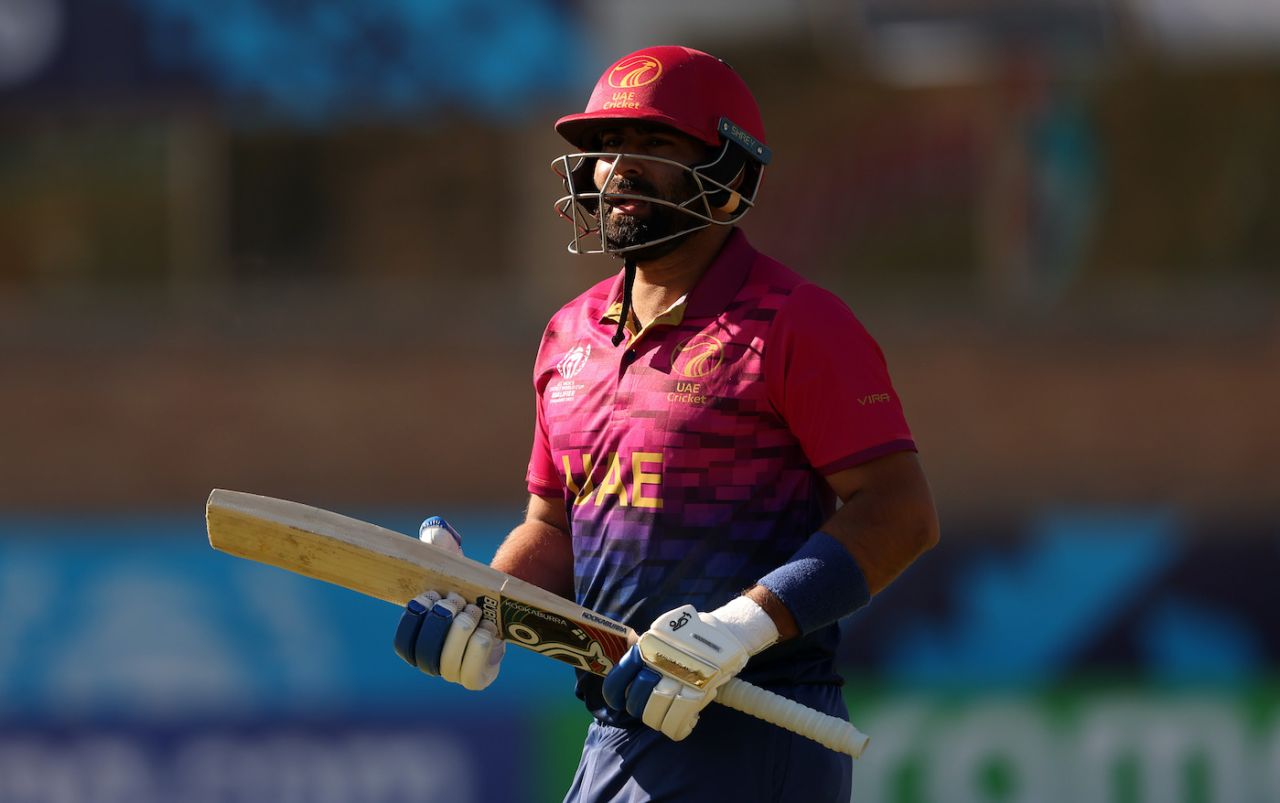 Muhammad Waseem missed the flick and was out early, Oman vs UAE, ICC Cricket World Cup Qualifier, Bulawayo, June 21, 2023