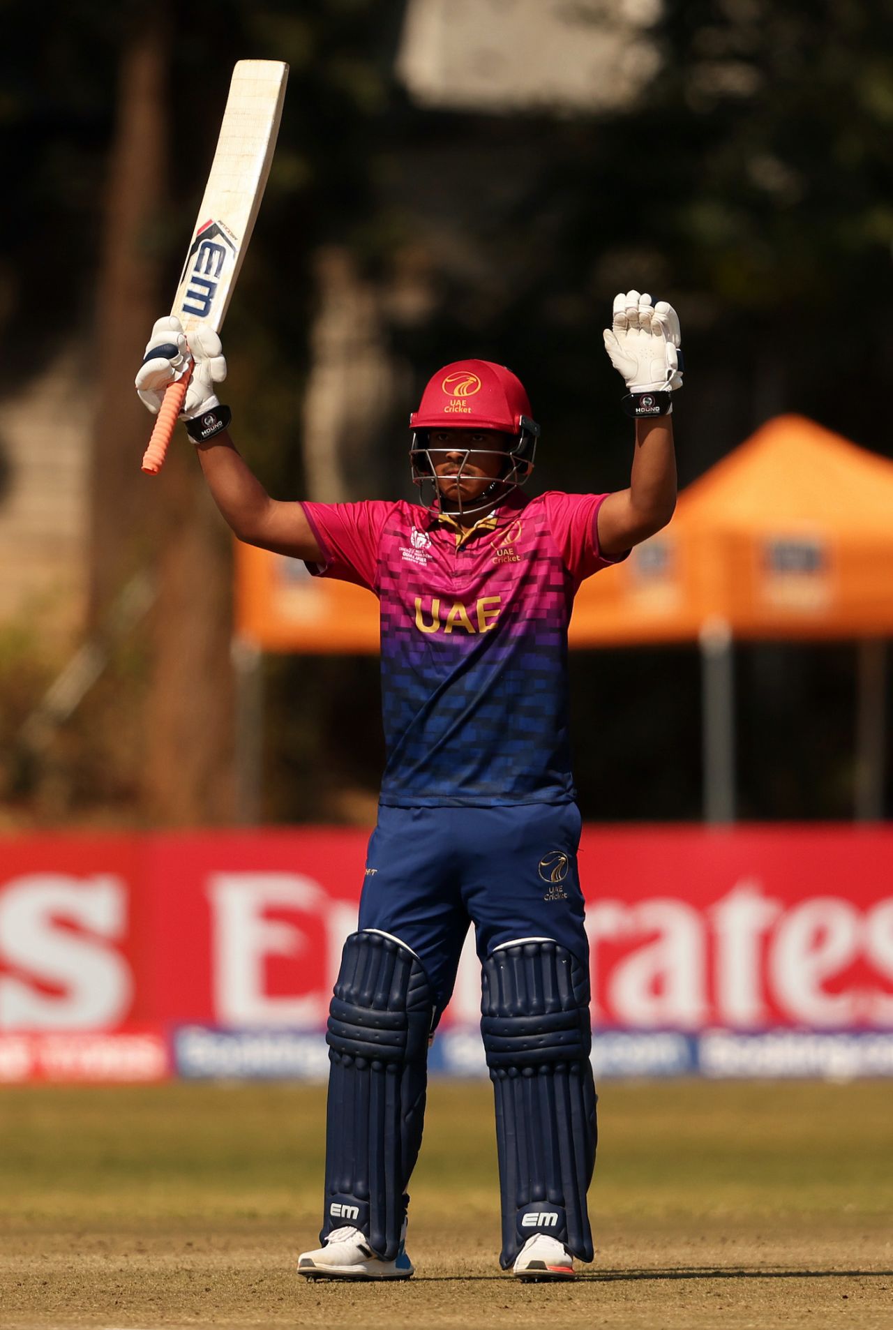 Aayan Afzal Khan celebrates his fifty, Oman vs UAE, ICC Cricket World Cup Qualifier, Bulawayo, June 21, 2023
