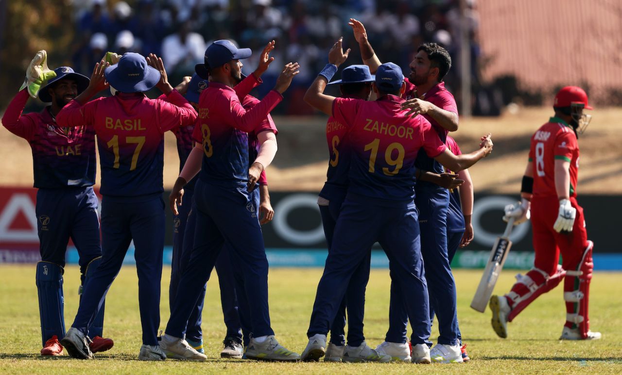 Junaid Siddique took two wickets with the new ball, Oman vs UAE, ICC Cricket World Cup Qualifier, Bulawayo, June 21, 2023