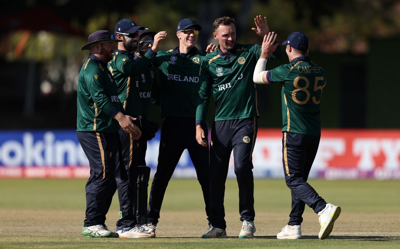 Ben White celebrates dismissing George Munsey, Ireland vs Scotland, ICC Men's World Cup Qualifier, Bulawayo, June 21, 2023