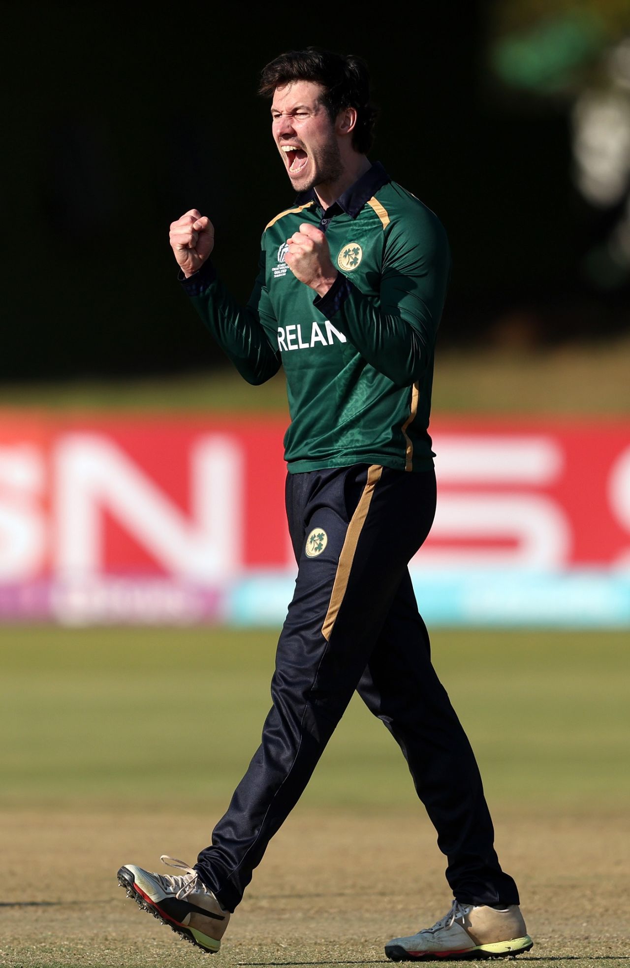 George Dockrell celebrates his 100th ODI wicket, Ireland vs Scotland, ICC Men's World Cup Qualifier, Bulawayo, June 21, 2023