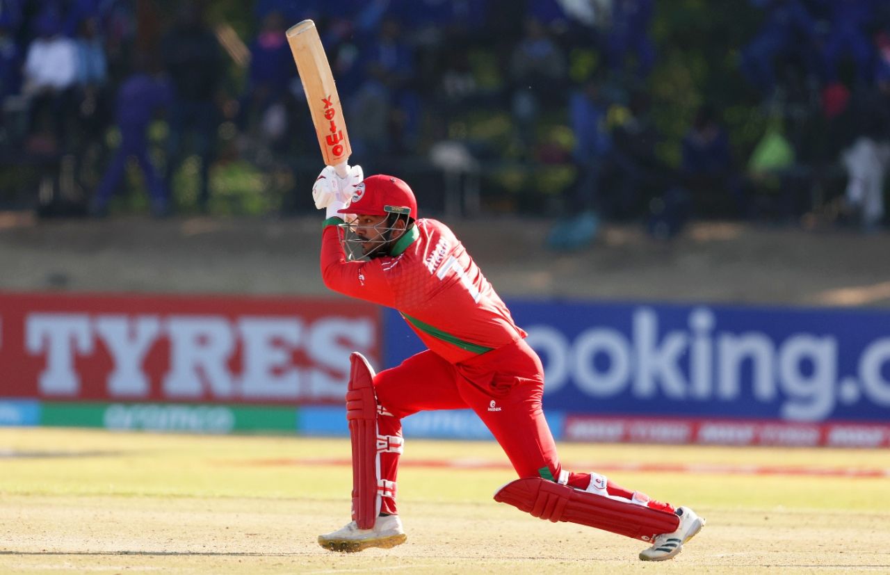 Ayaan Khan leans into a shot, Oman vs UAE, World Cup Qualifier, Bulawayo, June 21, 2023