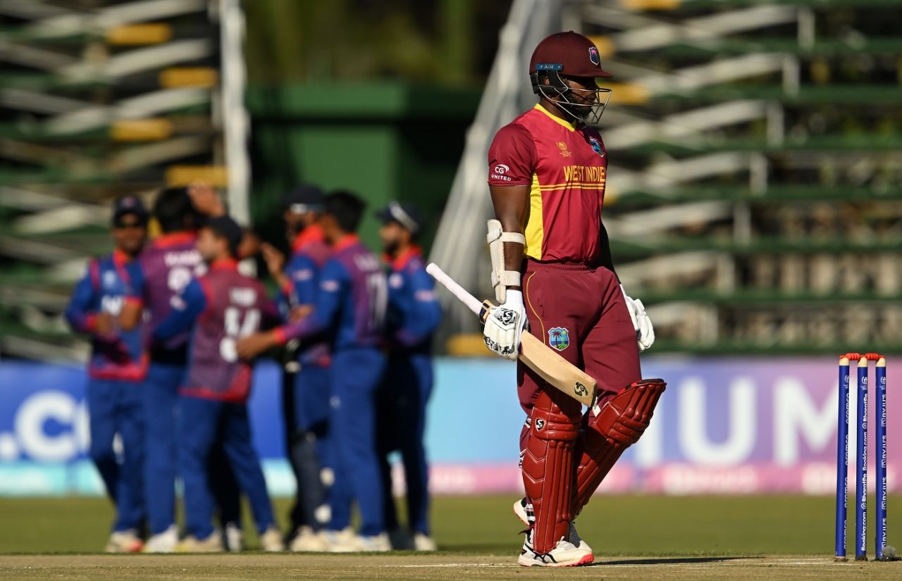 Kyle Mayers walks back after getting out early, Nepal vs West Indies, World Cup Qualifier, Harare, June 22, 2023
