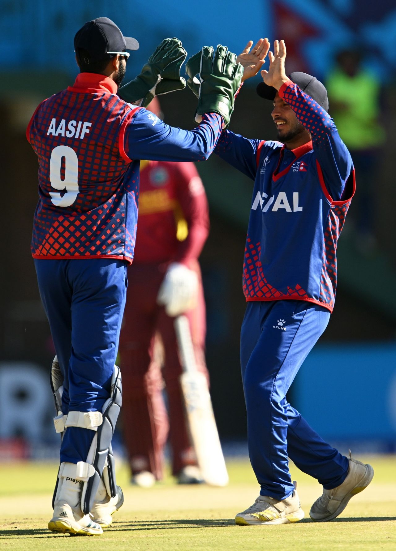 The Nepal players celebrate the dismissal of Johnson Charles, Nepal vs West Indies, World Cup Qualifier, Harare, June 22, 2023