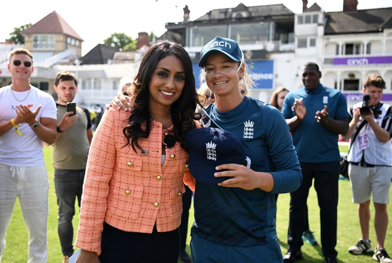 Isa Guha presented Danni Wyatt with her Test cap, England vs Australia, Only Test, Women's Ashes, Nottingham, first day, June 22, 2023