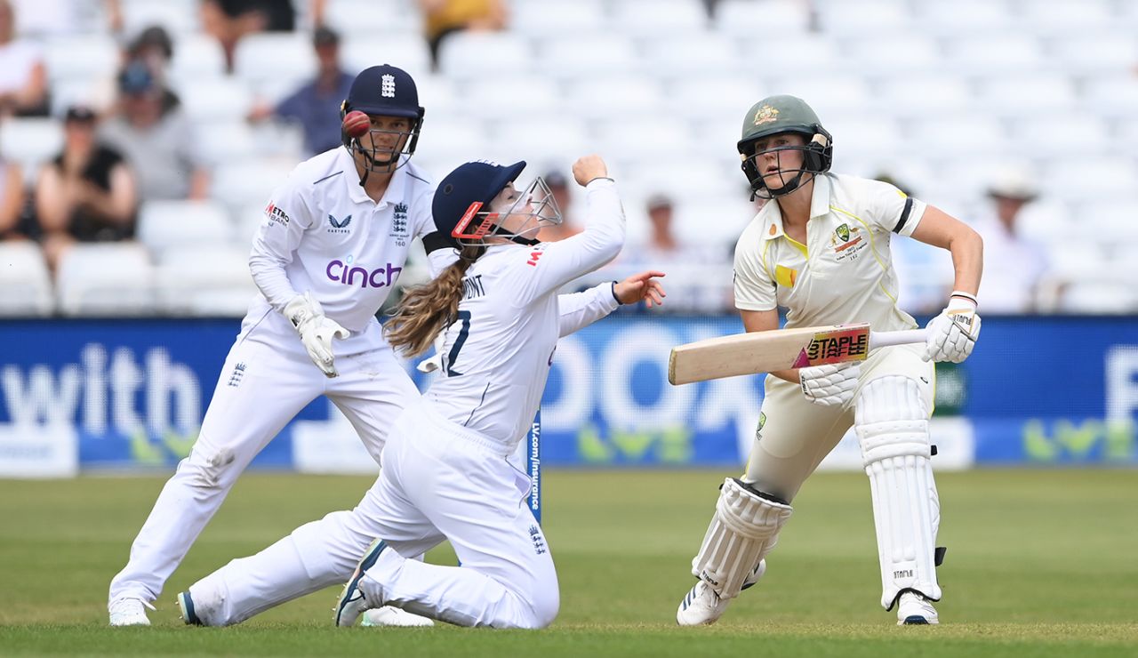 Tammy Beaumont attempts to field at silly mid-off, England vs Australia, Only Test, Women's Ashes, Nottingham, first day, June 22, 2023