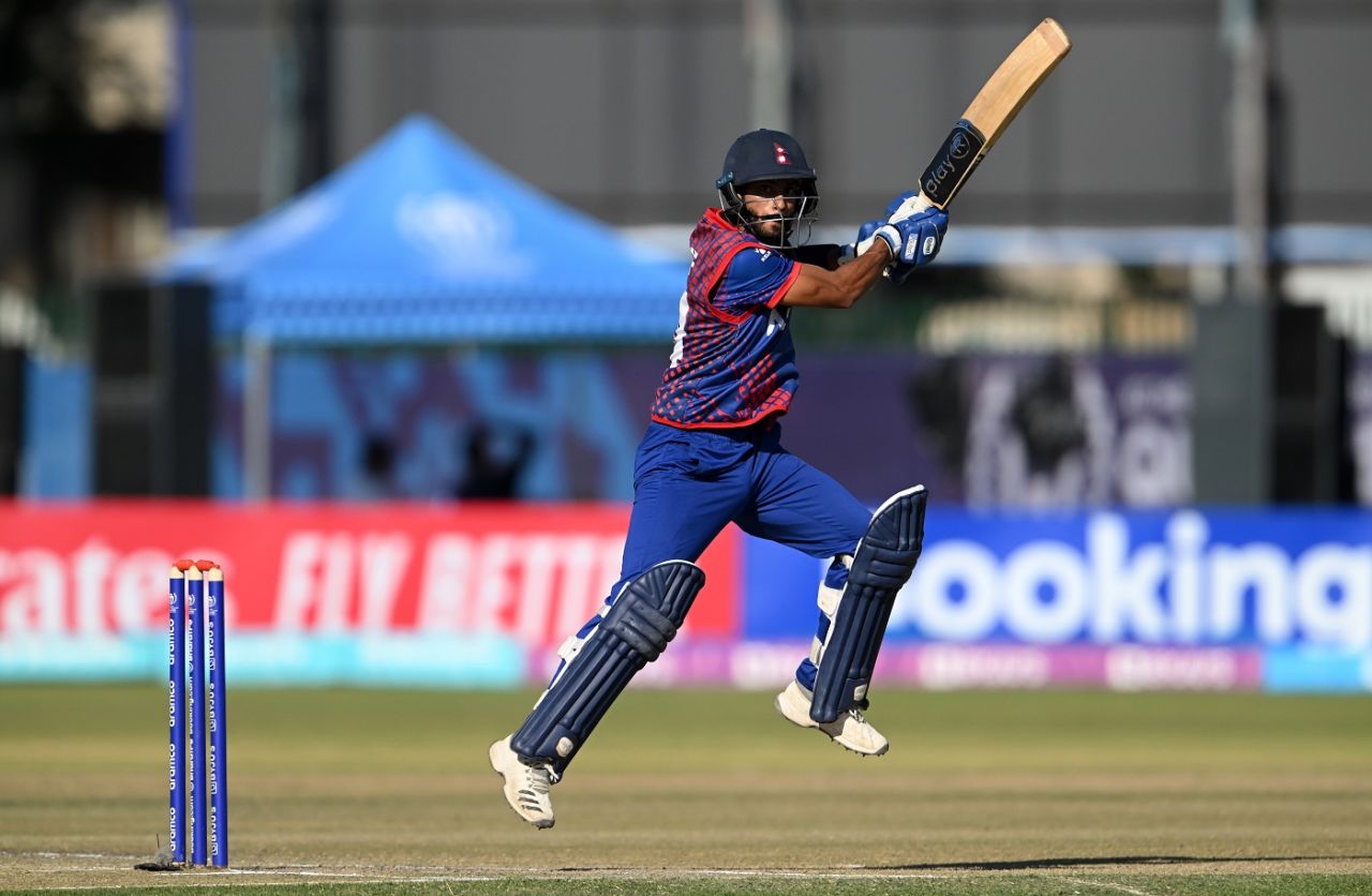 Aarif Sheikh slices the ball into the off side, Nepal vs West Indies, World Cup Qualifier, Harare, June 22, 2023