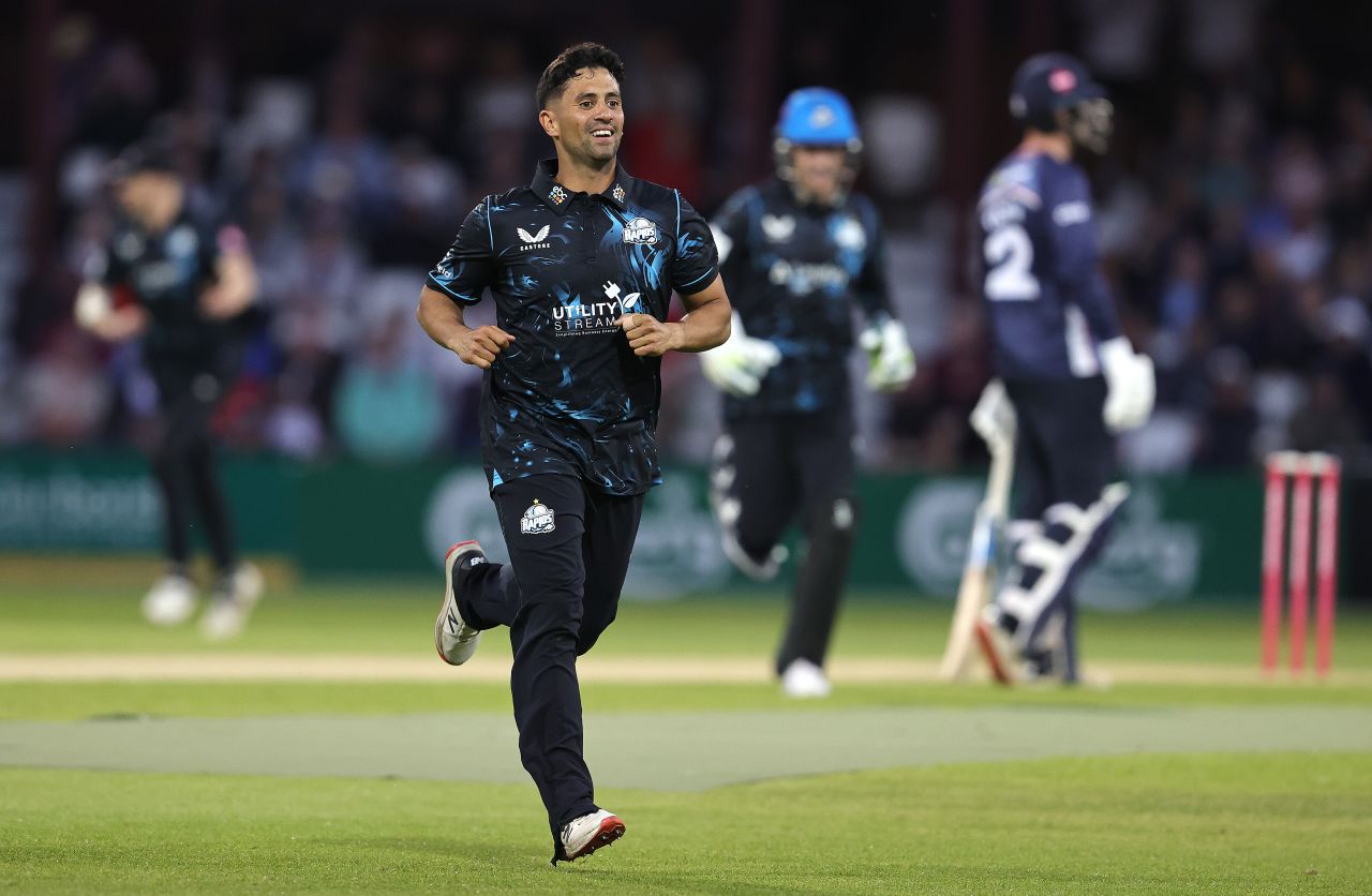 Brett D'Oliveira celebrates after taking the wicket of Lewis McManus, Northamptonshire vs Worcestershire, Vitality Blast, Wantage Road, May 24, 2023