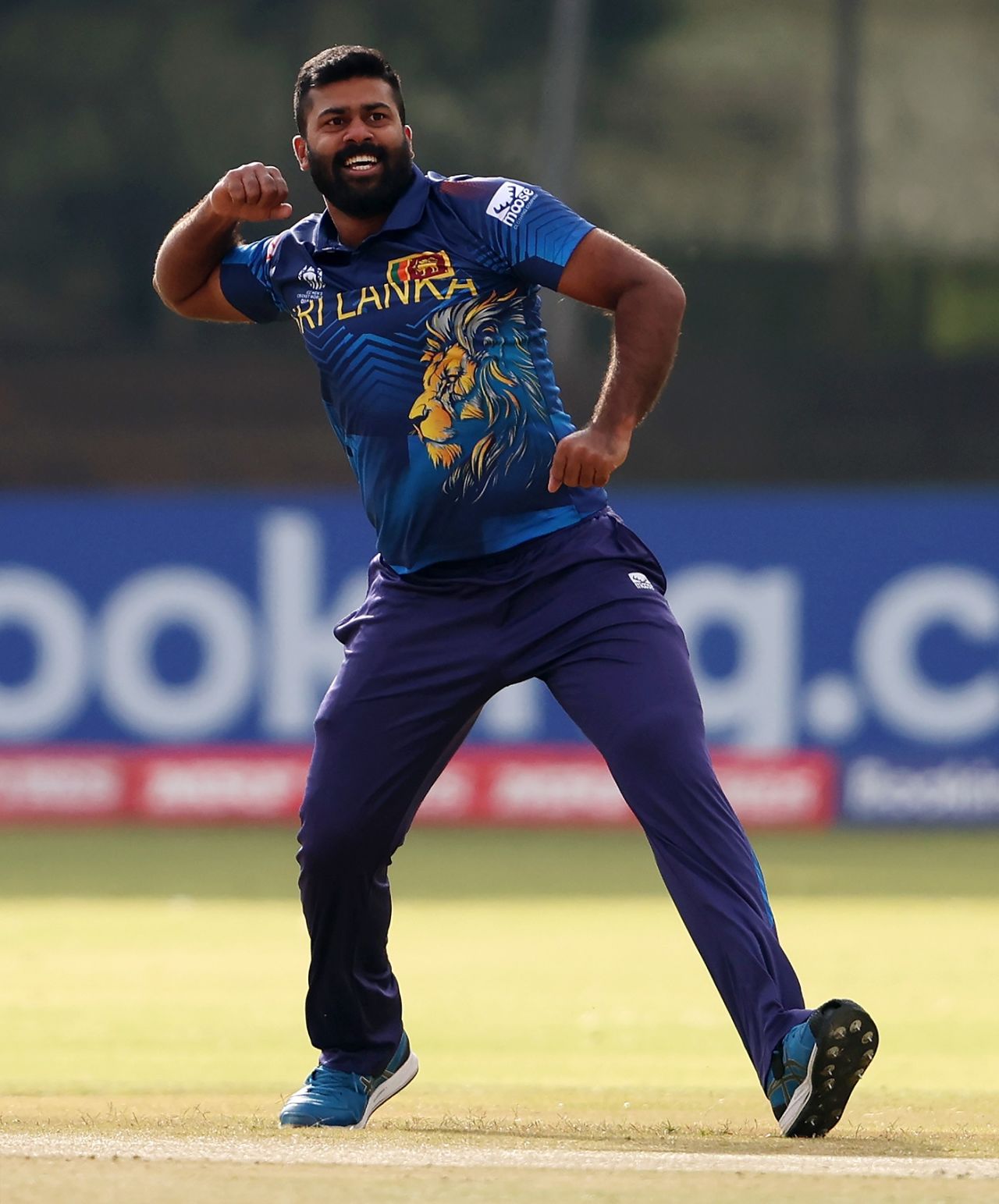 Lahiru Kumara is pumped after striking with the new ball, Oman vs Sri Lanka, ICC Cricket World Cup Qualifier, Bulawayo, June 23, 2023