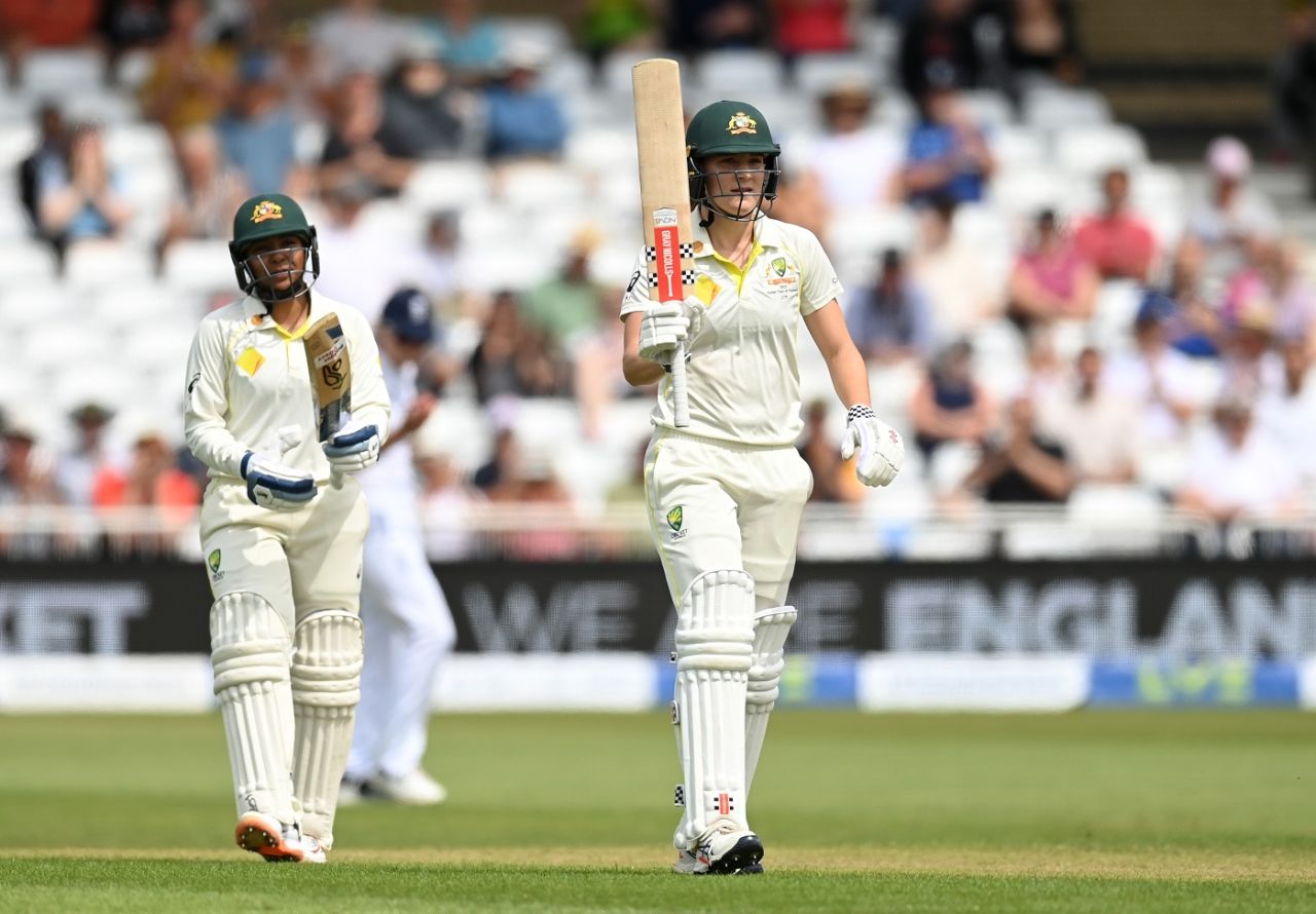 Annabel Sutherland celebrates her maiden Test fifty, England vs Australia, Only Test, Women's Ashes, Nottingham, 2nd day, June 23, 2023