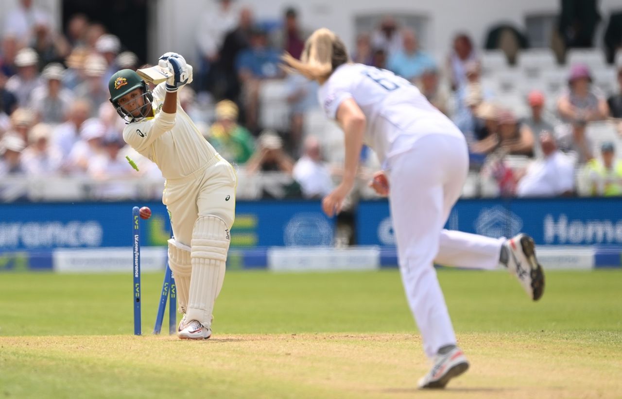 Alana King is castled by Lauren Bell, England vs Australia, Only Test, Women's Ashes, Nottingham, 2nd day, June 23, 2023