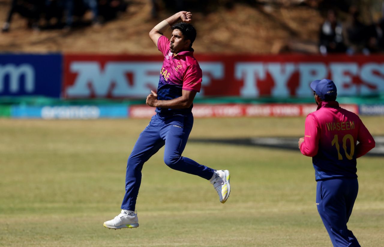 Junaid Siddique is up in celebrations, Scotland vs UAE, ICC Cricket World Cup Qualifier, Bulawayo, June 23, 2023
