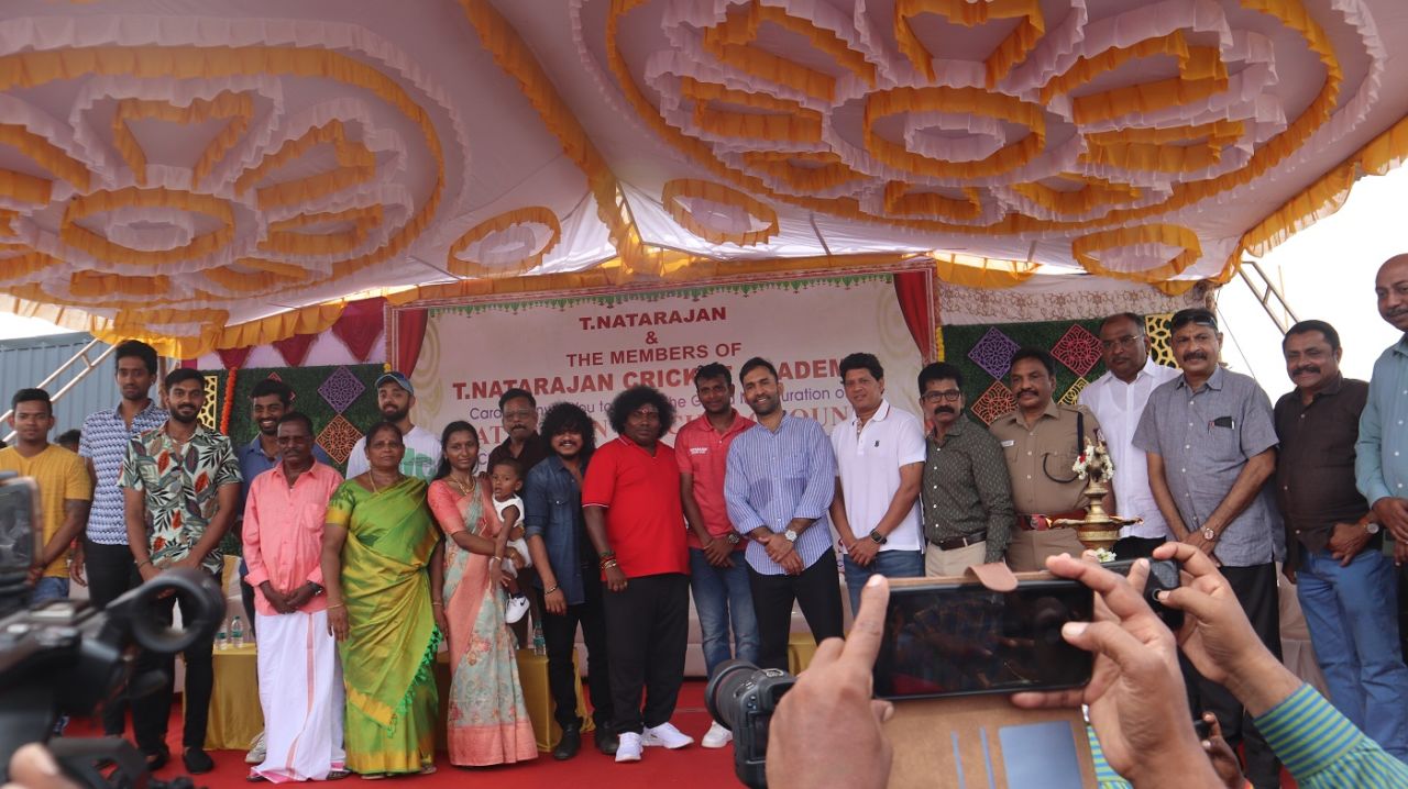 T Natarajan's Tamil Nadu team-mates at the opening of the Natarajan Cricket Ground, Salem, June 23, 2023