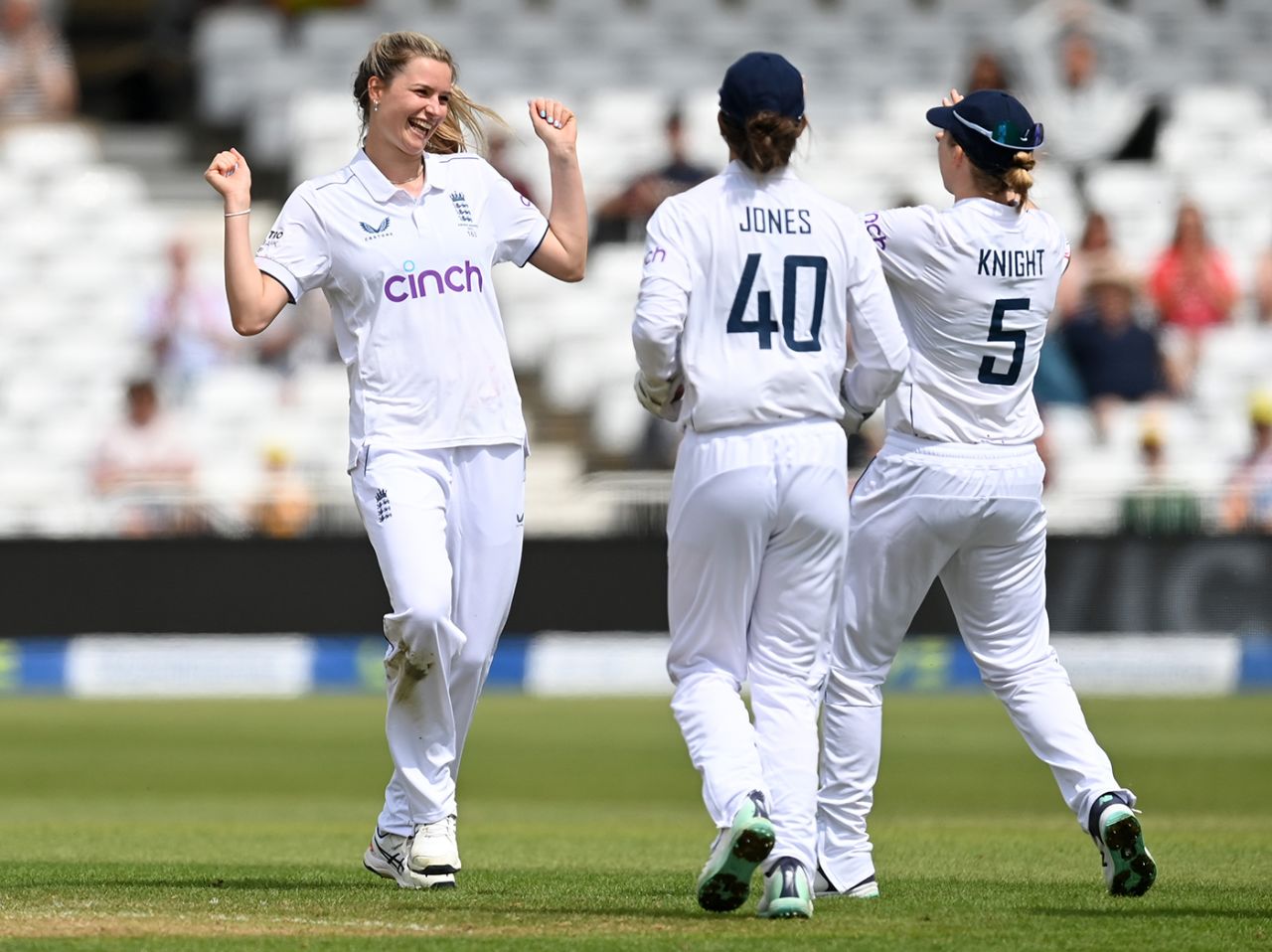 Lauren Bell celebrates her breakthrough, England vs Australia, Only Test, Women's Ashes, Nottingham, 2nd day, June 23, 2023