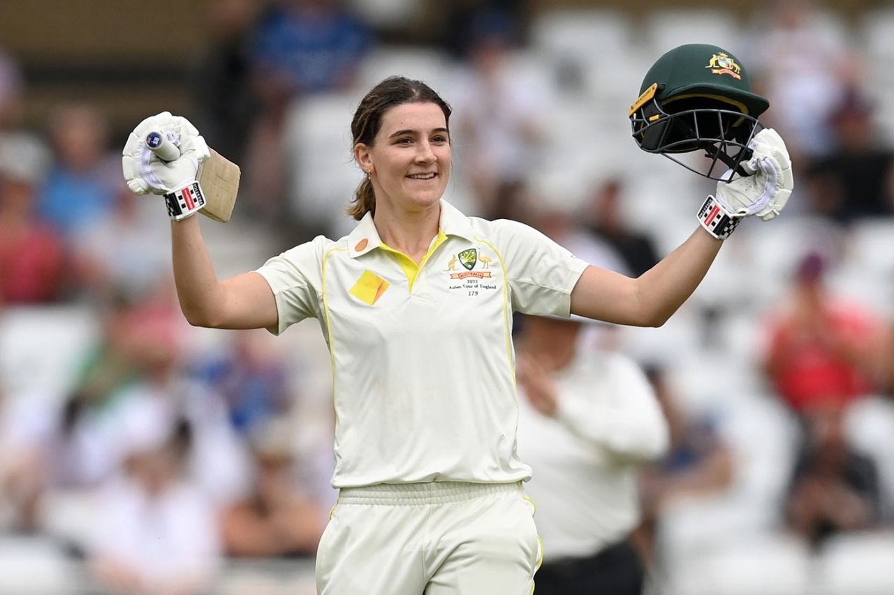 Annabel Sutherland acknowledges the applause for her maiden Test hundred, England vs Australia, Only Test, Women's Ashes, Nottingham, 2nd day, June 23, 2023