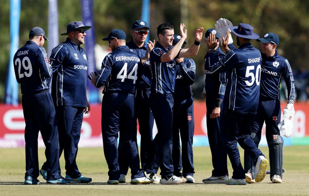 Chris Sole celebrates after the first of his back-to-back strikes, Scotland vs UAE, World Cup Qualifier, Bulawayo, June 23, 2023