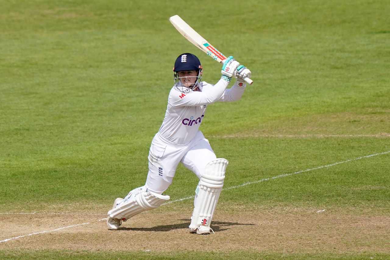 Tammy Beaumont gets well forward to drive, England vs Australia, Only Test, Women's Ashes, Nottingham, 2nd day, June 23, 2023