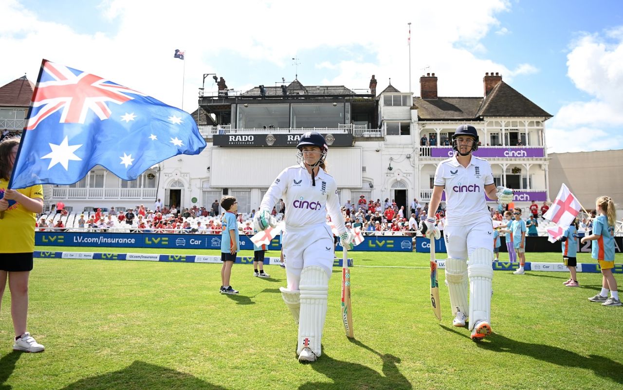 Tammy Beaumont and Nat Sciver-Brunt make their way out, England vs Australia, Only Test, Women's Ashes, Nottingham, 3rd day, June 24, 2023
