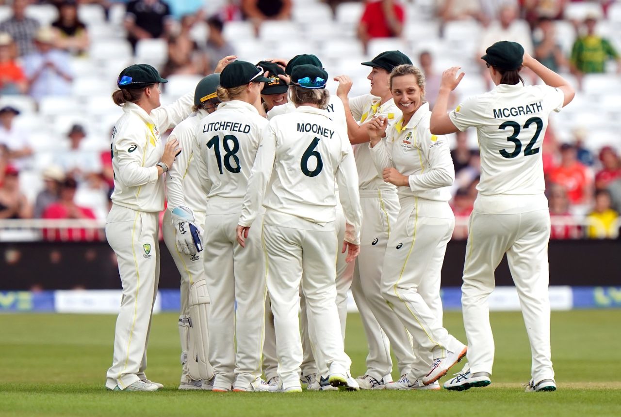 Ashleigh Gardner celebrates Nat Sciver-Brunt's wicket, England vs Australia, Only Test, Women's Ashes, Nottingham, 3rd day, June 24, 2023