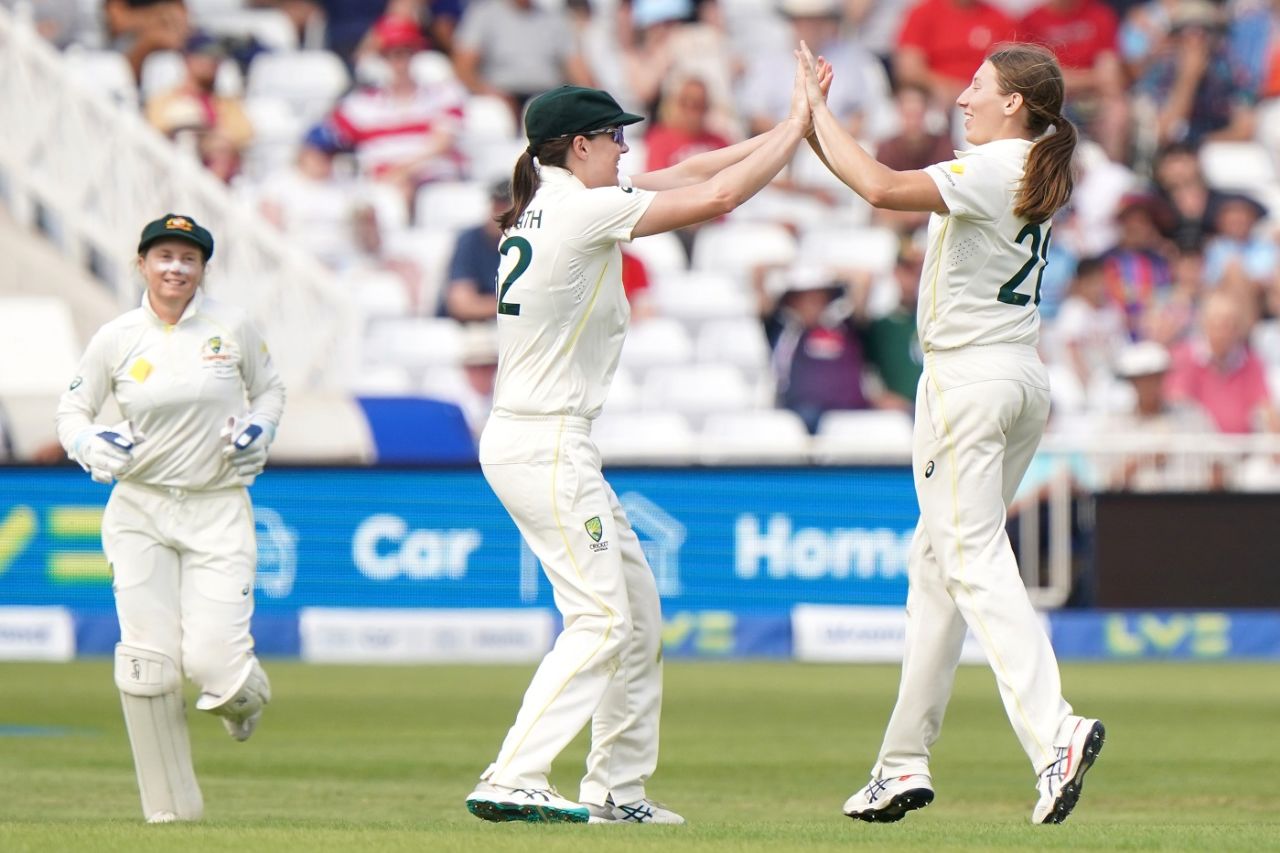 Darcie Brown and Tahlia McGrath celebrate the wicket of Danni Wyatt, England vs Australia, Only Test, Women's Ashes, Nottingham, 3rd day, June 24, 2023
