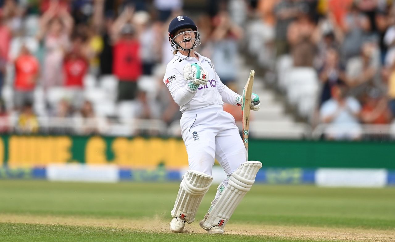 Tammy Beaumont exults after reaching her double century, England vs Australia, Only Test, Women's Ashes, Nottingham, 3rd day, June 24, 2023