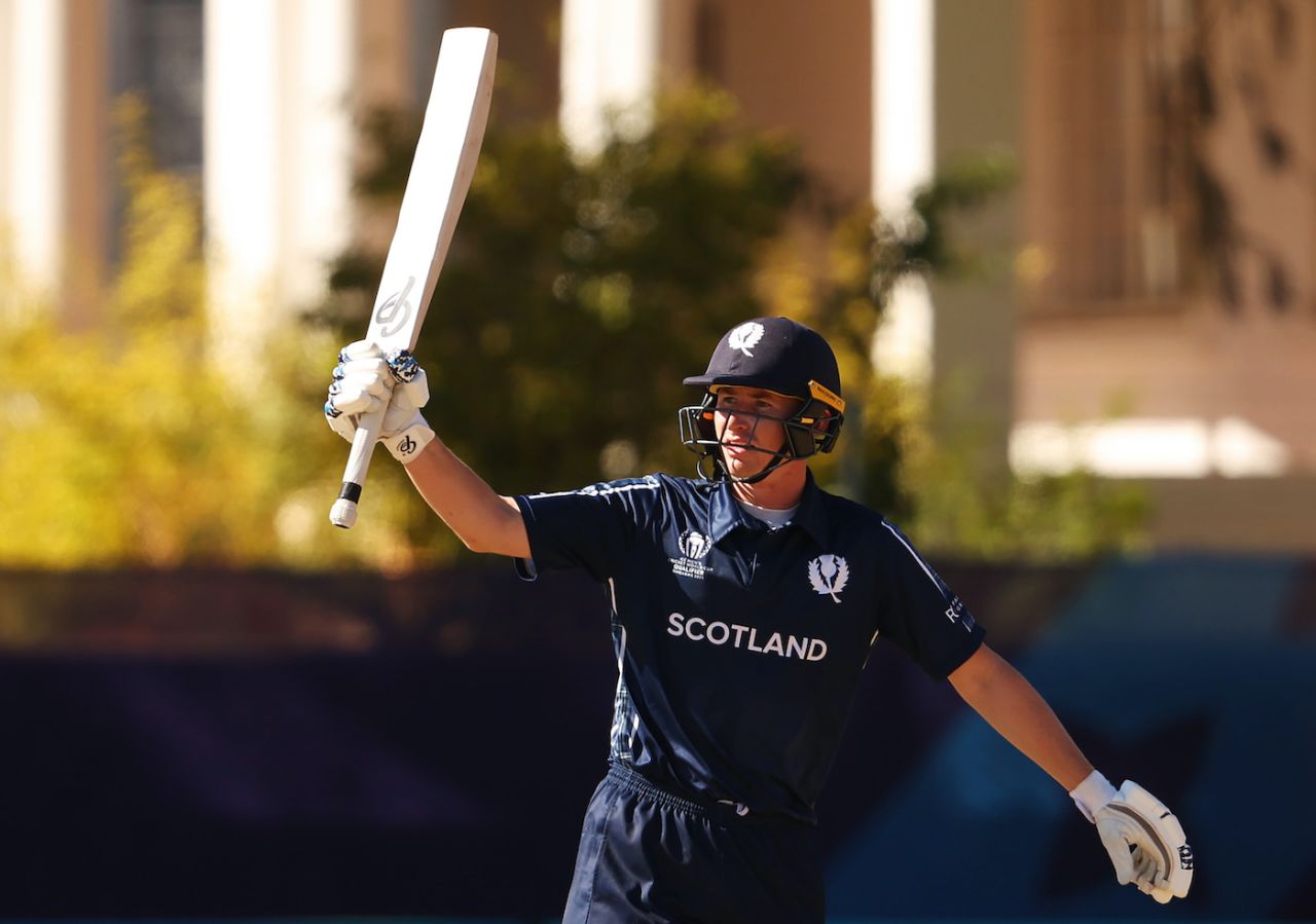 Brandon McMullen's bat shines bright in his fifty celebrations, Oman vs Scotland, ICC Cricket World Cup Qualifier, Bulawayo, June 25, 2023