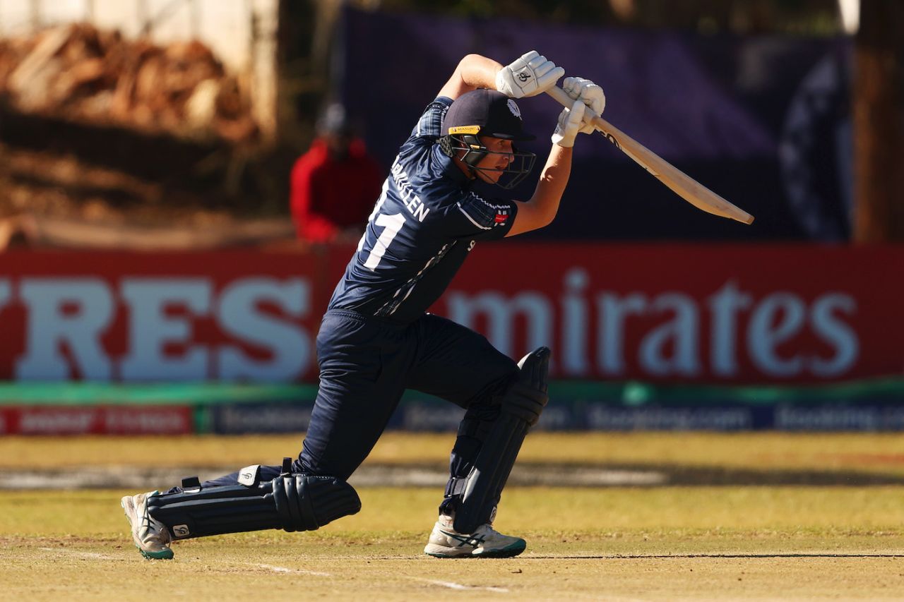Brandon McMullen's straight-bat drive from a side-on angle, Oman vs Scotland, ICC Cricket World Cup Qualifier, Bulawayo, June 25, 2023