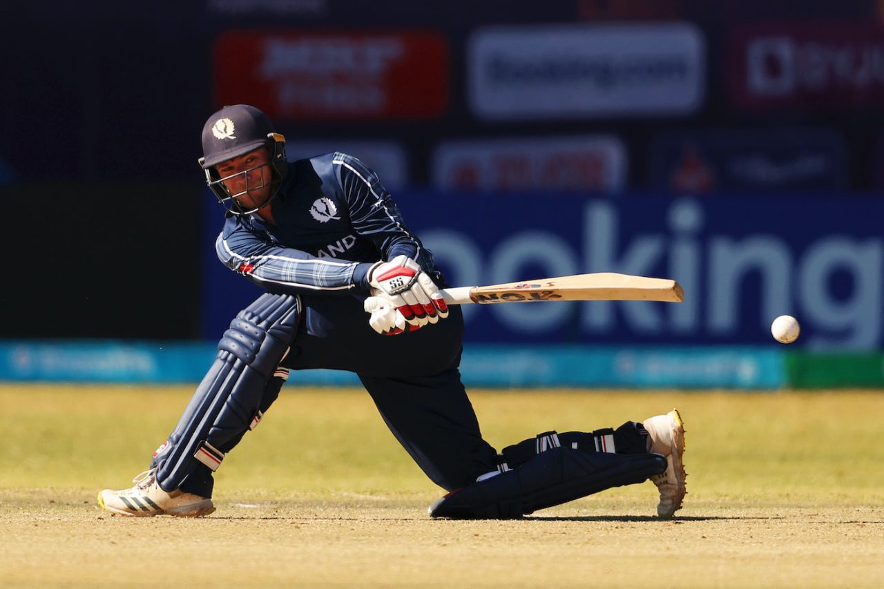 Richie Berrington sweeps the ball while on one knee, Oman vs Scotland, ICC Cricket World Cup Qualifier, Bulawayo, June 25, 2023