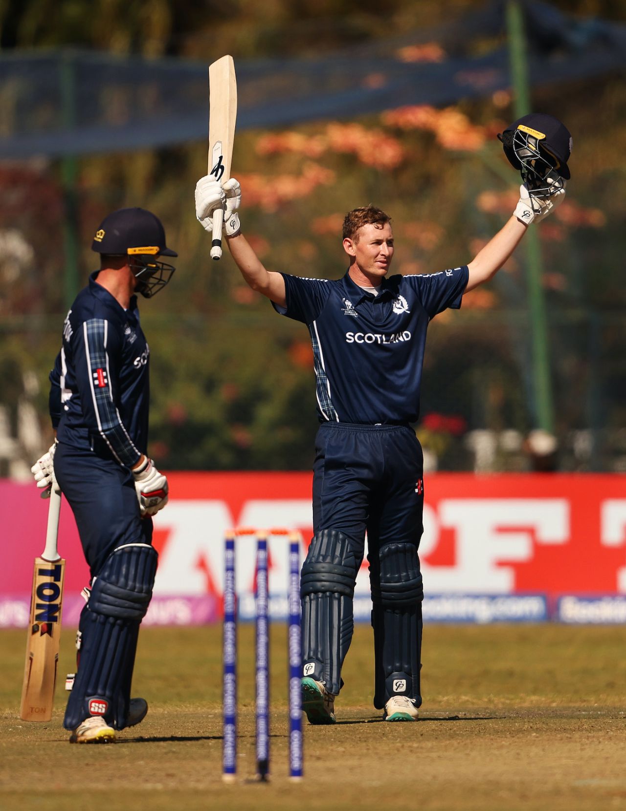 Brandon McMullen celebrates his maiden ODI ton, Oman vs Scotland, ICC Cricket World Cup Qualifier, Bulawayo, June 25, 2023