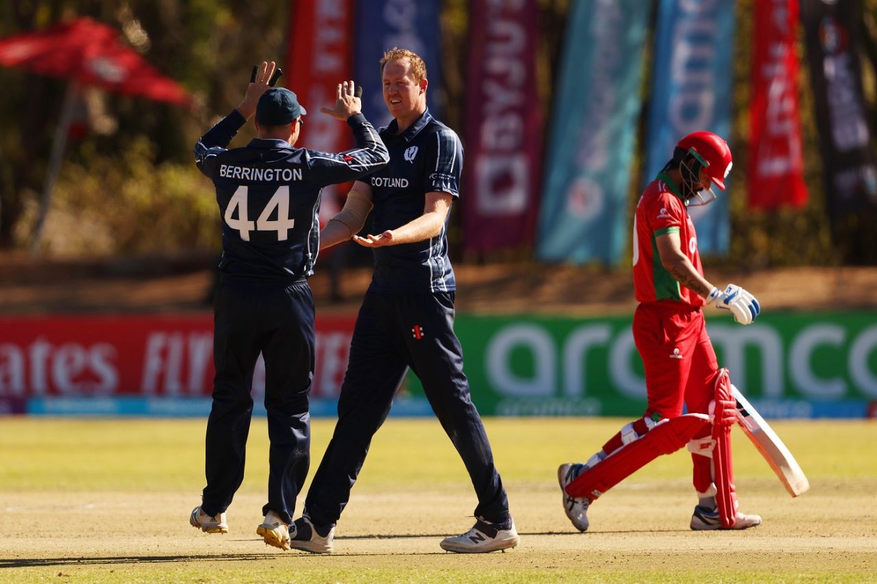 Adrian Neill celebrates the wicket of Jatinder Singh, Oman vs Scotland, ICC Cricket World Cup Qualifier, Bulawayo, June 25, 2023