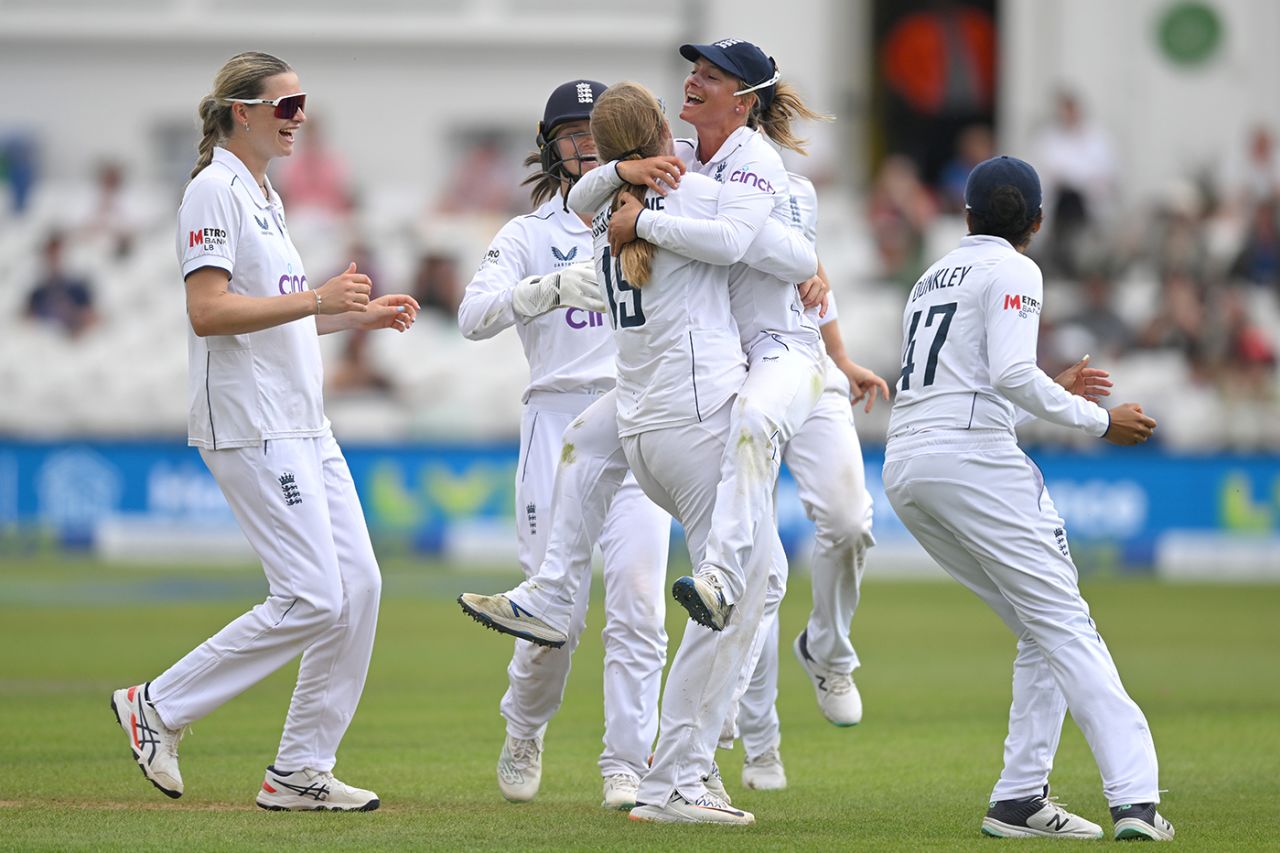 Danni Wyatt leaps into Sophie Ecclestone's arms after taking a catch, England vs Australia, Only Test, Women's Ashes, Nottingham, 4th day, June 25, 2023