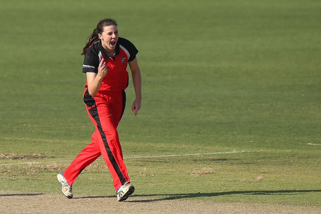 Tahlia McGrath celebrates the wicket of Ellyse Perry, South Australia Women vs New South Wales Women, Women's National Cricket League, Perth, October 10, 2015