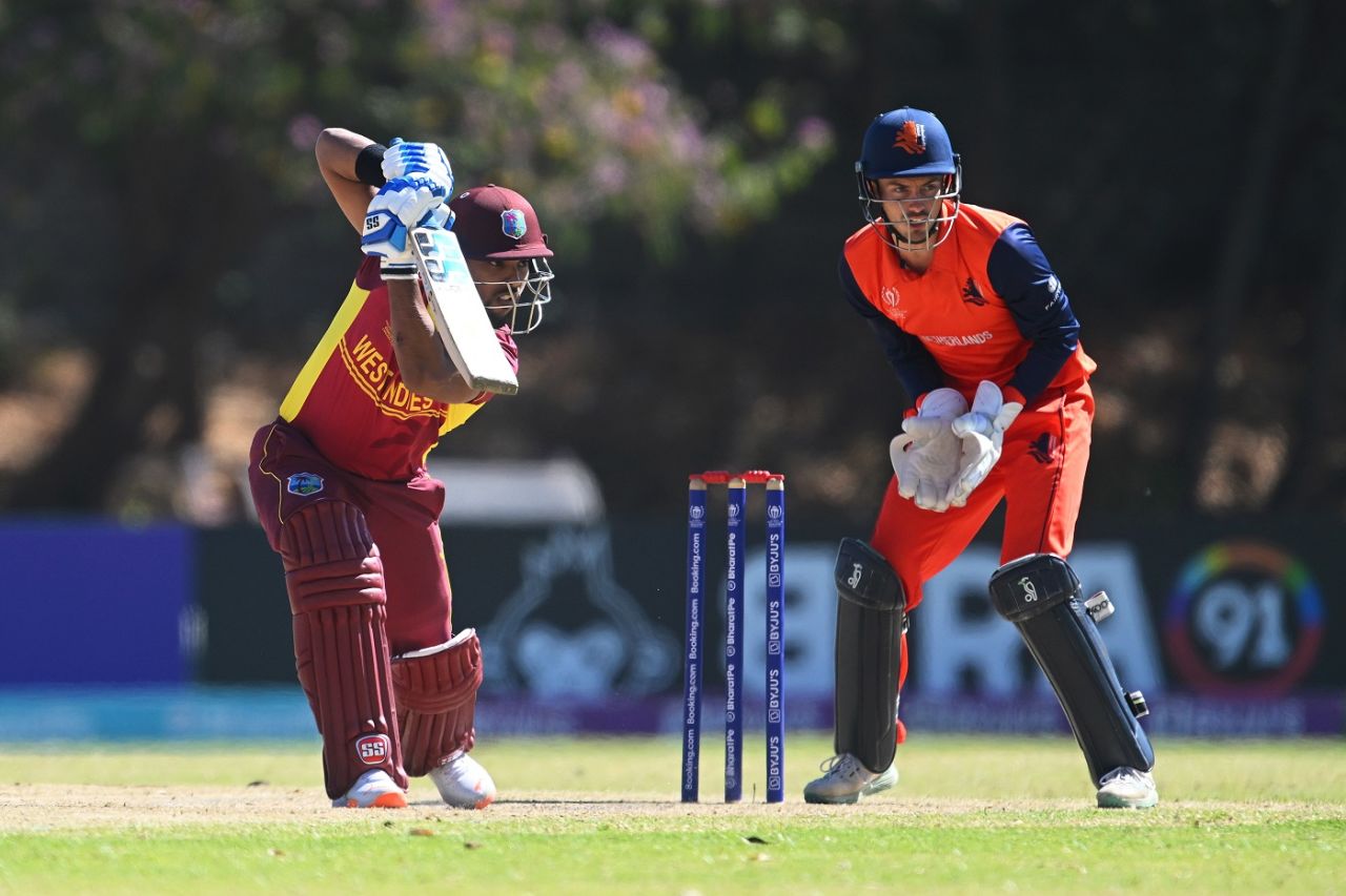 Nicholas Pooran drives through the covers, Netherlands vs West Indies, ICC World Cup Qualifier, Harare, June 26, 2023