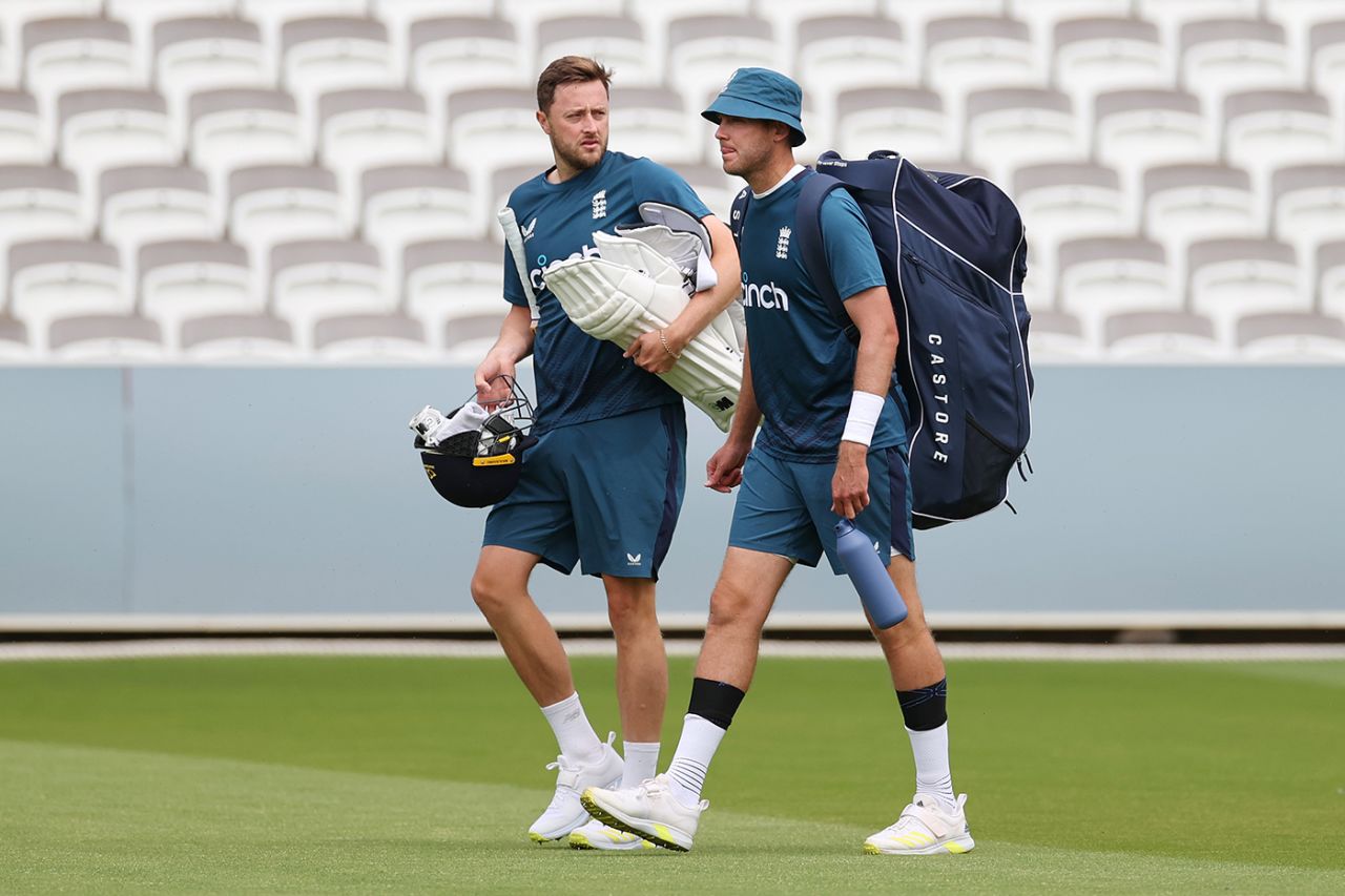 Ollie Robinson and Stuart Broad walk to the nets, Lord's, June 26, 2023