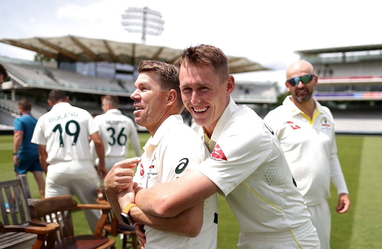 David Warner and Marnus Labuschagne share a light moment, Ashes 2023, Lord's, June 26, 2023