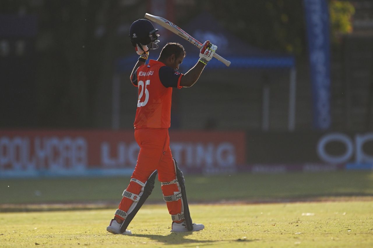 Teja Nidamanuru celebrates his century, Netherlands vs West Indies, ICC World Cup Qualifier, Harare, June 26, 2023