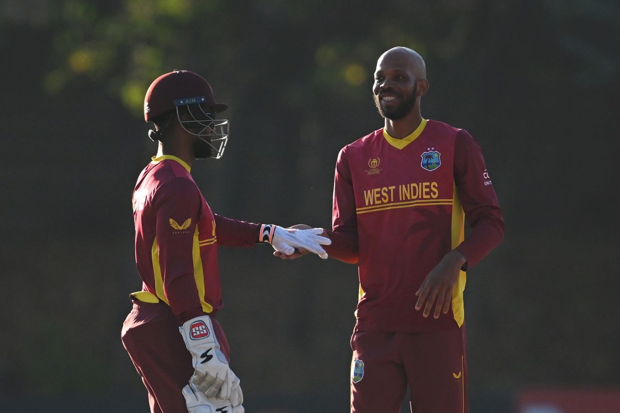 Roston Chase celebrates after dismissing Scott Edwards, Netherlands vs West Indies, ICC World Cup Qualifier, Harare, June 26, 2023