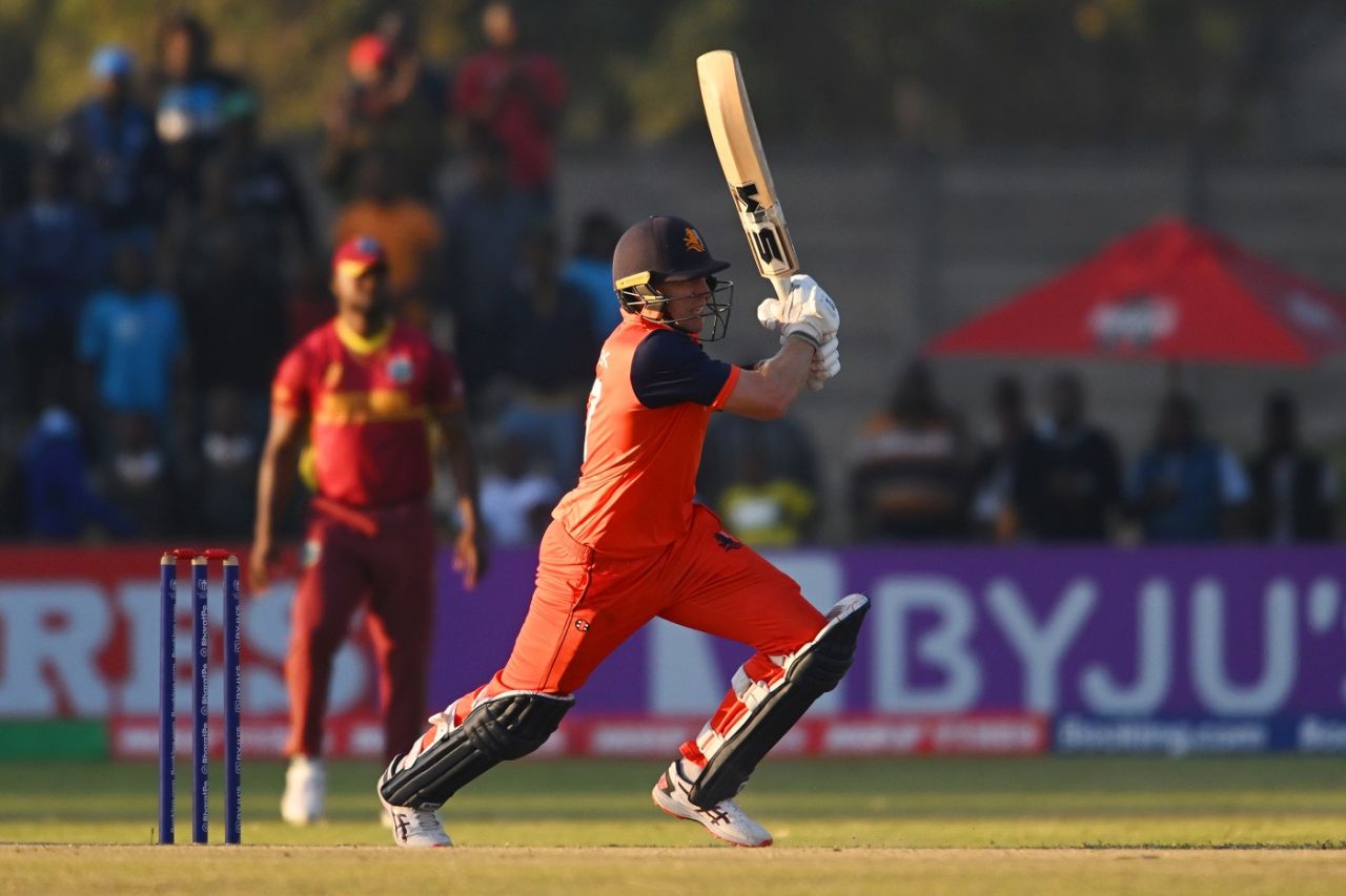 Logan van Beek smashed 28 off 14, Netherlands vs West Indies, ICC World Cup Qualifier, Harare, June 26, 2023