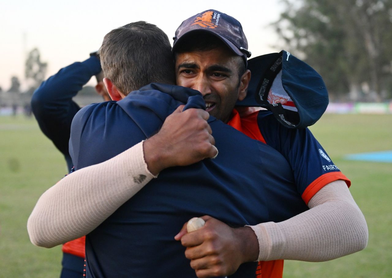 Teja Nidamanuru was emotional as he celebrated the Super Over win, Netherlands vs West Indies, ICC World Cup Qualifier, Harare, June 26, 2023